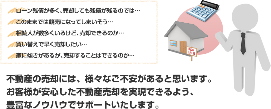 不動産の売却には、様々なご不安があると思います。お客様が安心した不動産売却を実現できるよう、豊富なノウハウでサポートいたします。